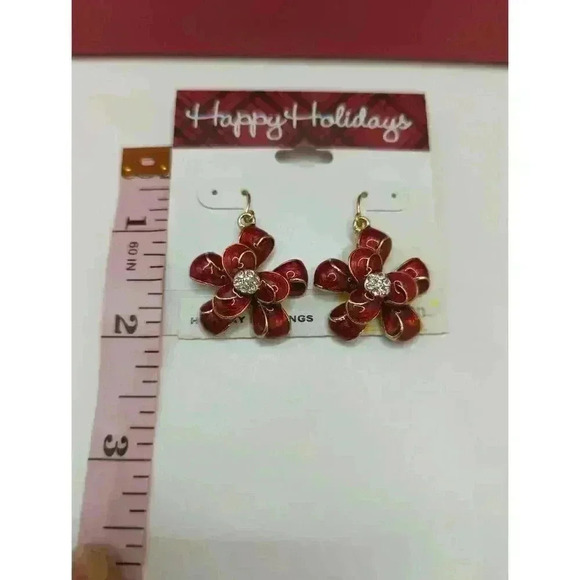 NWT BonTon Red Enamel Goldtone Flower Earrings Rhinestone Holiday USA Made - Picture 3 of 3